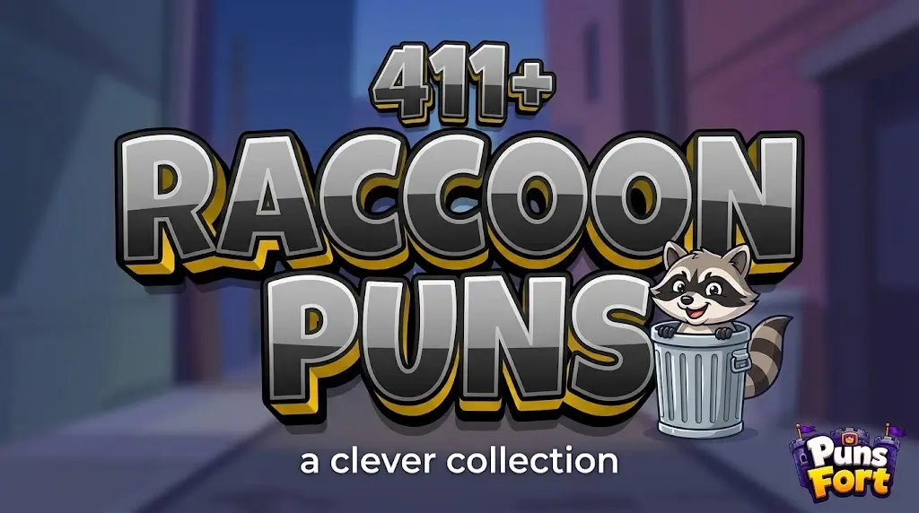 A massive 3D typography thumbnail for "RACCOON PUNS" with a cute cartoon raccoon mascot.