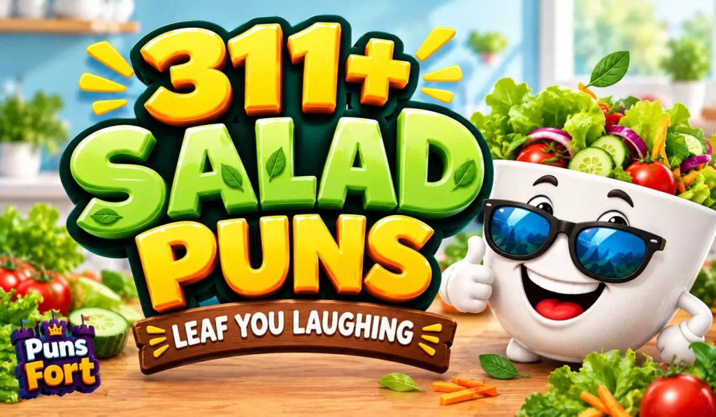 311+ salad puns with a funny cartoon salad bowl and fresh vegetables