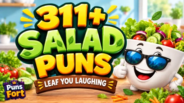 311+ salad puns with a funny cartoon salad bowl and fresh vegetables
