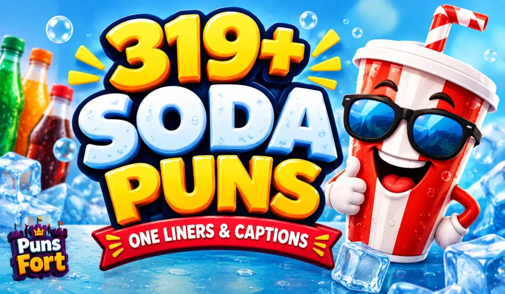 Soda puns thumbnail featuring 319+ funny jokes and a cheerful cartoon soda cup