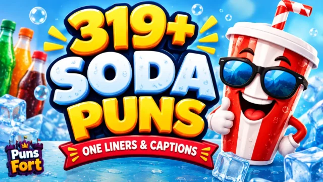 Soda puns thumbnail featuring 319+ funny jokes and a cheerful cartoon soda cup