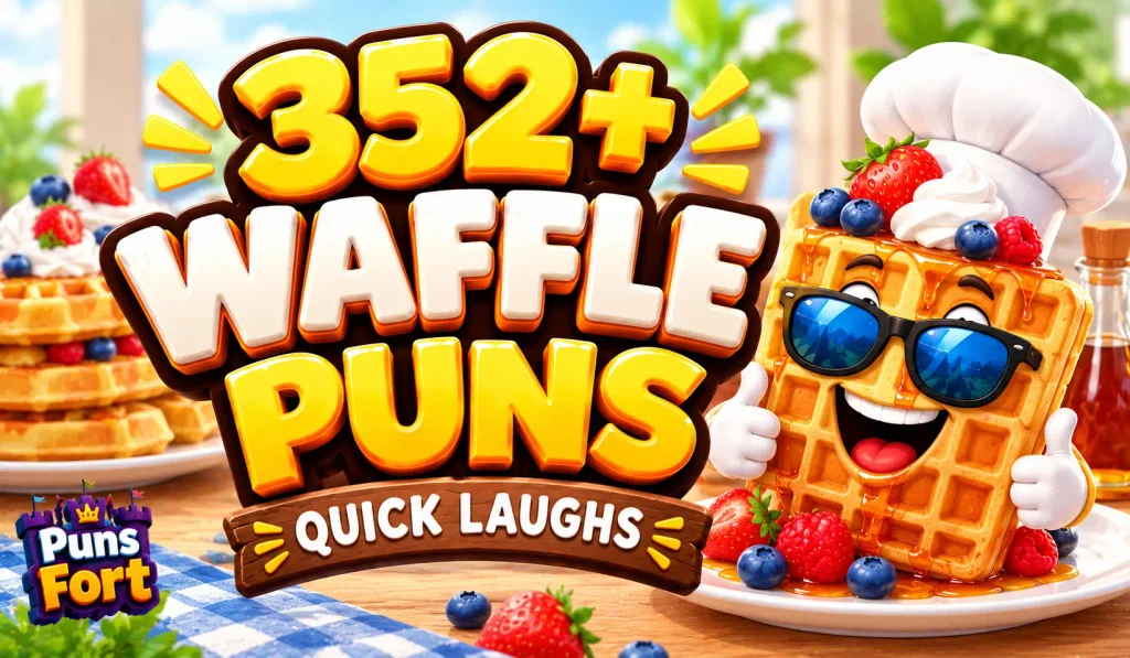 352+ waffle puns thumbnail with a cheerful waffle mascot and colorful breakfast scene