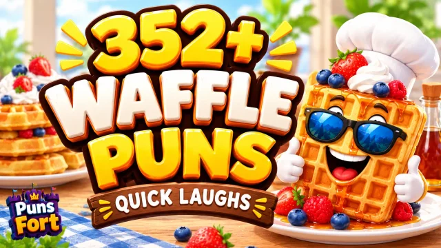 352+ waffle puns thumbnail with a cheerful waffle mascot and colorful breakfast scene