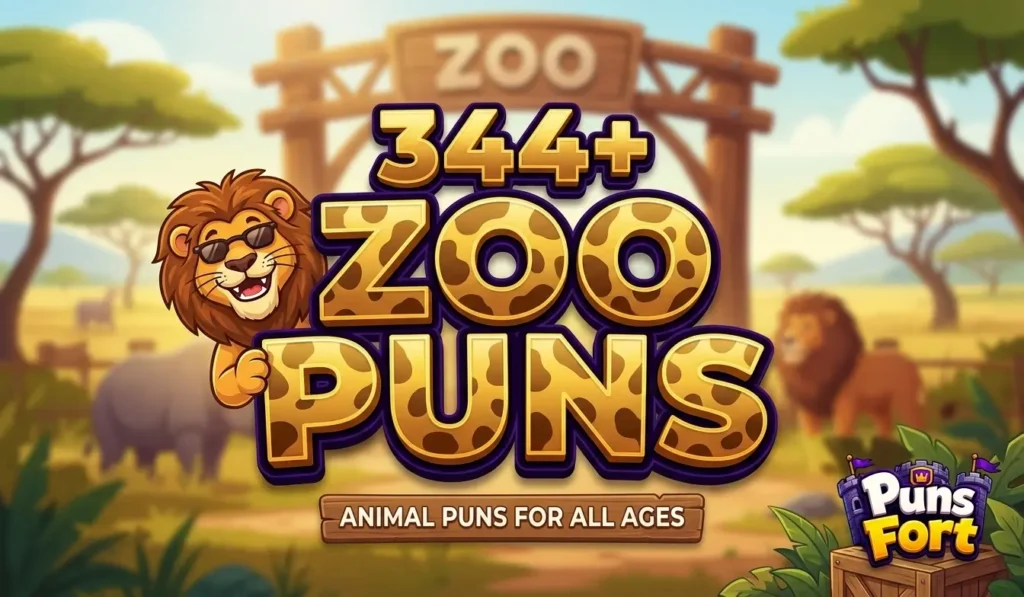 Bold 3D gold typography 344+ ZOO PUNS and a cartoon lion peeking.