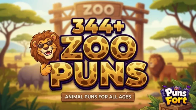 Bold 3D gold typography 344+ ZOO PUNS and a cartoon lion peeking.
