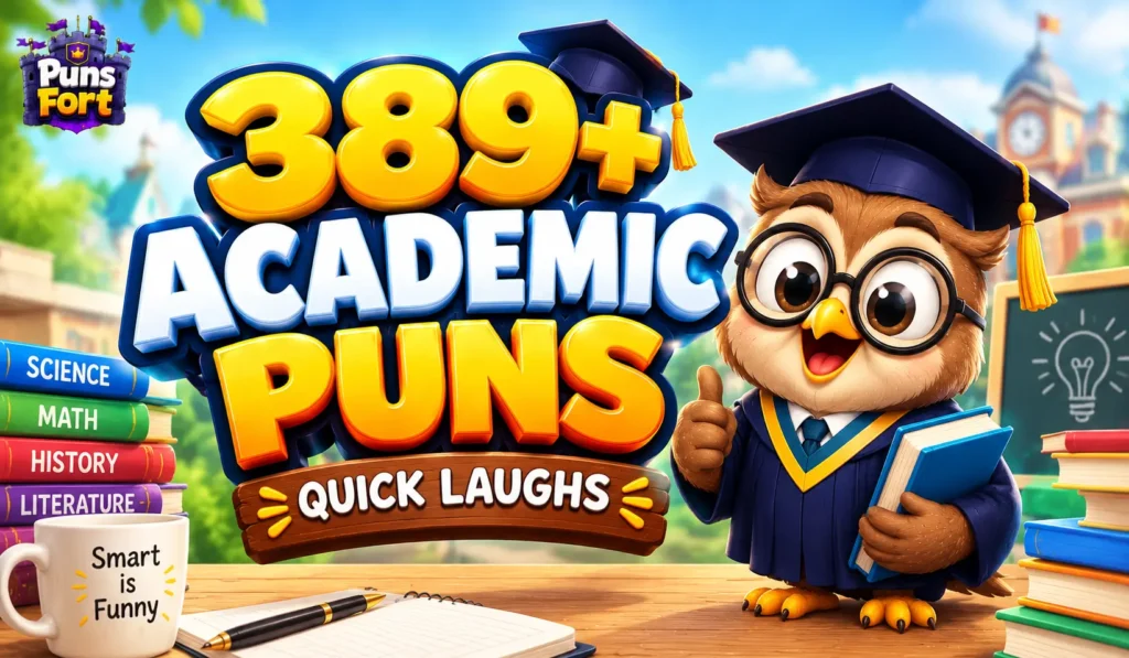 389+ academic puns thumbnail with a funny cartoon owl in graduation attire and bold 3D lettering