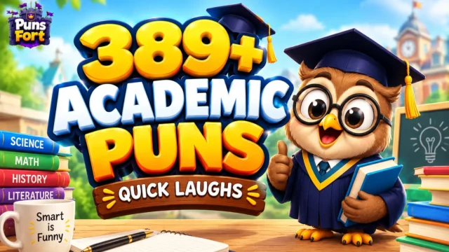 389+ academic puns thumbnail with a funny cartoon owl in graduation attire and bold 3D lettering