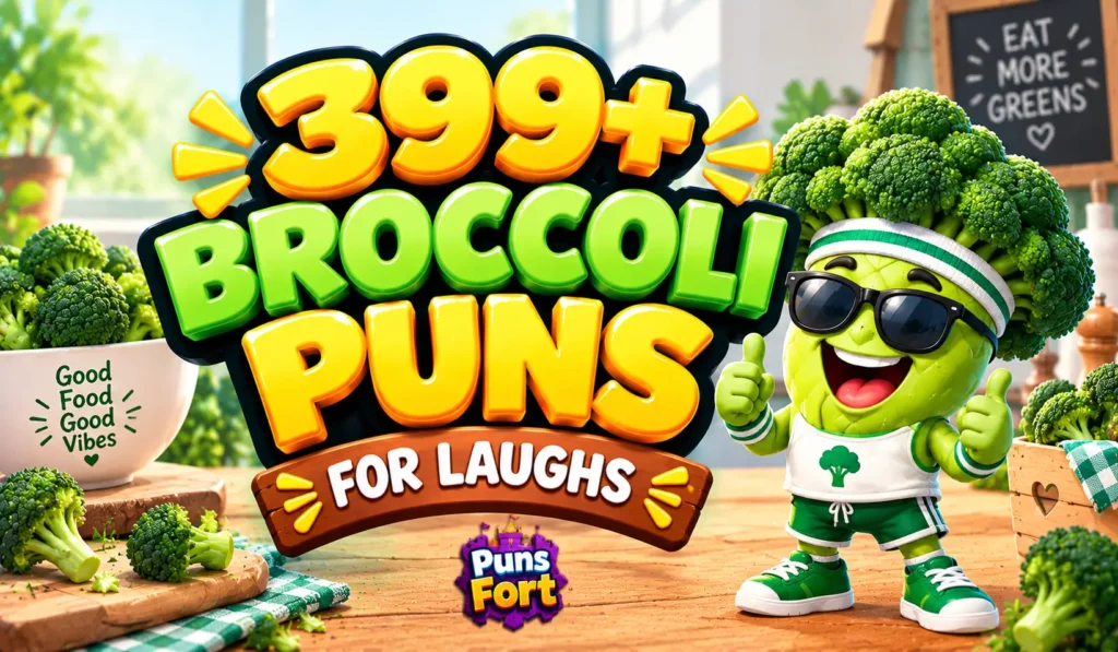 399+ broccoli puns thumbnail with bold green lettering and a cheerful cartoon broccoli mascot