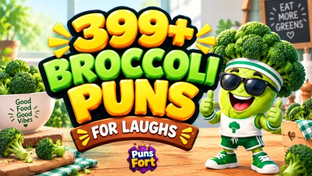 399+ broccoli puns thumbnail with bold green lettering and a cheerful cartoon broccoli mascot