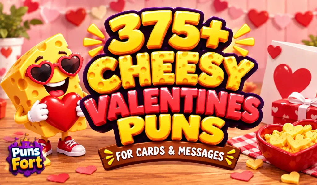 Cheesy valentines puns thumbnail with 375+ funny ideas and a cute cheese mascot