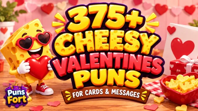 Cheesy valentines puns thumbnail with 375+ funny ideas and a cute cheese mascot