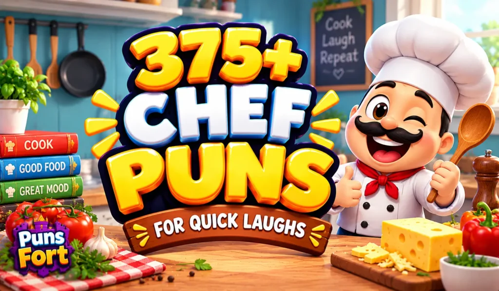 Chef puns thumbnail featuring 375+ funny chef puns with a colorful cartoon chef.