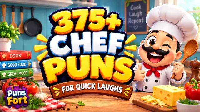 Chef puns thumbnail featuring 375+ funny chef puns with a colorful cartoon chef.