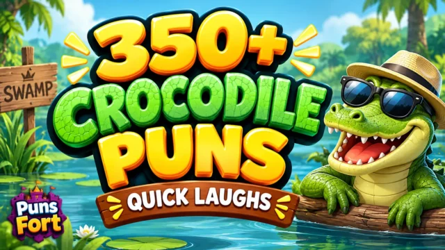 350+ crocodile puns thumbnail featuring a smiling cartoon crocodile wearing sunglasses in a tropical swamp