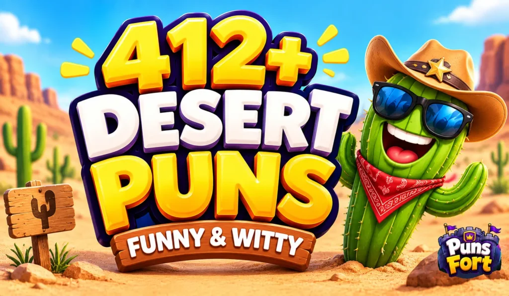 Desert puns thumbnail with bold 3D text and a smiling cactus cowboy in a sunny desert.