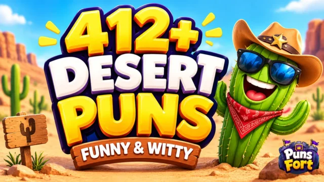 Desert puns thumbnail with bold 3D text and a smiling cactus cowboy in a sunny desert.