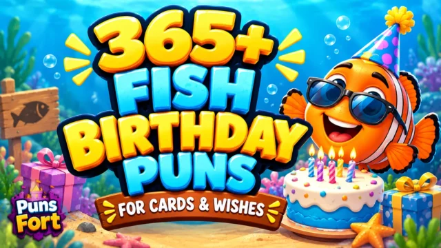 Fish birthday puns thumbnail featuring 365+ birthday jokes and a cheerful cartoon fish with a party hat