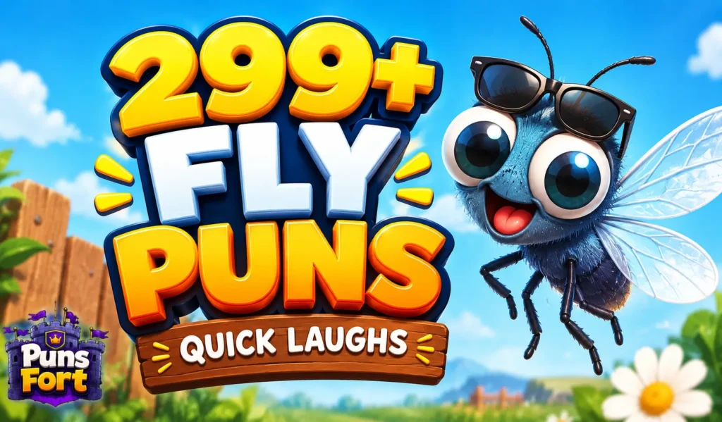 299+ fly puns thumbnail featuring a funny cartoon fly with sunglasses and bold 3D text