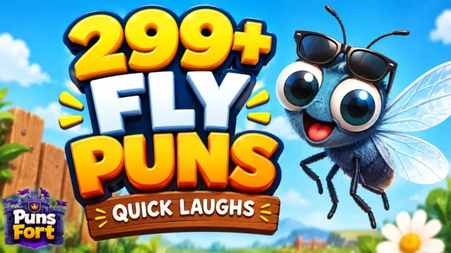 299+ fly puns thumbnail featuring a funny cartoon fly with sunglasses and bold 3D text