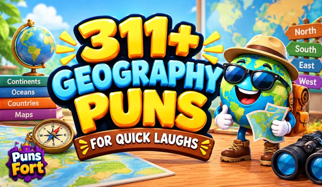 Geography puns thumbnail featuring 311+ funny jokes and a cheerful globe explorer