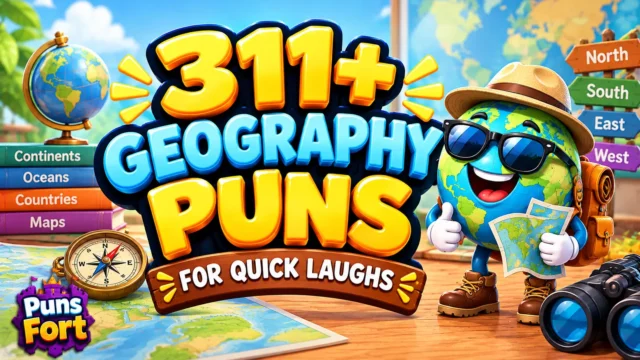 Geography puns thumbnail featuring 311+ funny jokes and a cheerful globe explorer