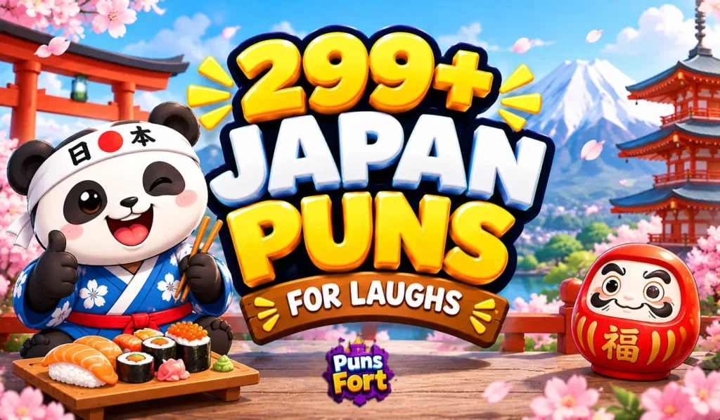 299+ Japan puns thumbnail featuring a cartoon panda, Mount Fuji, cherry blossoms, and bold 3D text