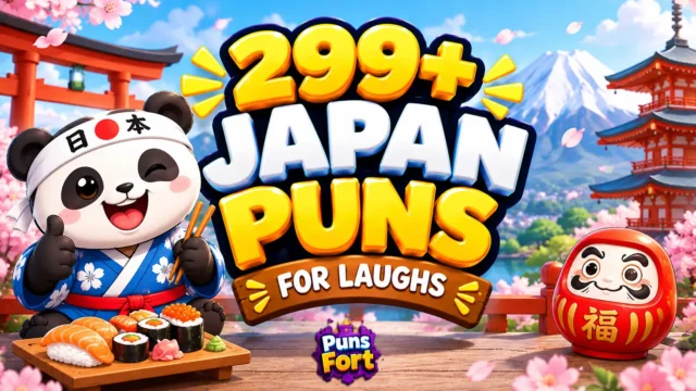 299+ Japan puns thumbnail featuring a cartoon panda, Mount Fuji, cherry blossoms, and bold 3D text