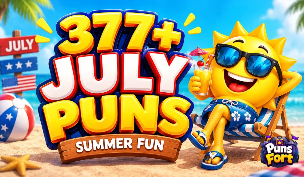 July puns thumbnail with bold 3D text and a smiling summer sun on a beach
