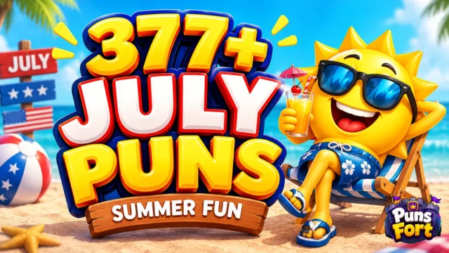 July puns thumbnail with bold 3D text and a smiling summer sun on a beach