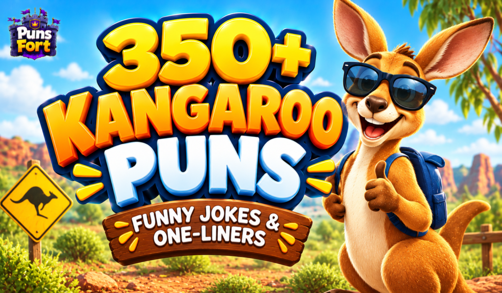 350+ kangaroo puns thumbnail with a cheerful cartoon kangaroo wearing sunglasses and bold 3D lettering