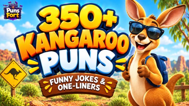350+ kangaroo puns thumbnail with a cheerful cartoon kangaroo wearing sunglasses and bold 3D lettering