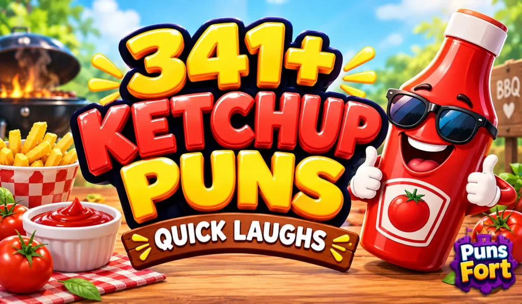 Ketchup puns thumbnail featuring 341+ funny jokes and a cheerful ketchup bottle mascot
