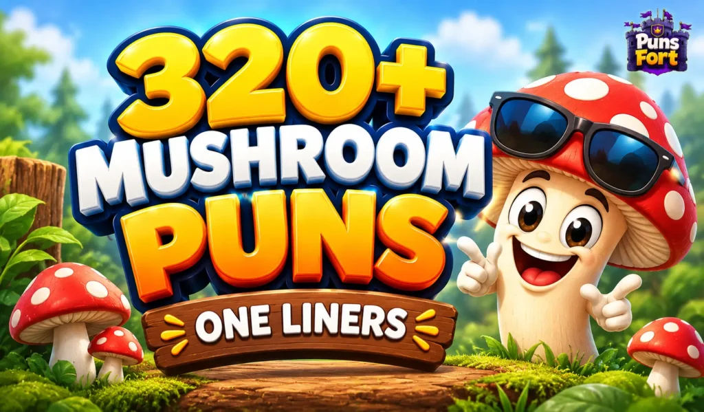 320+ mushroom puns one liners thumbnail with a smiling cartoon mushroom, bold 3D text, and a forest background