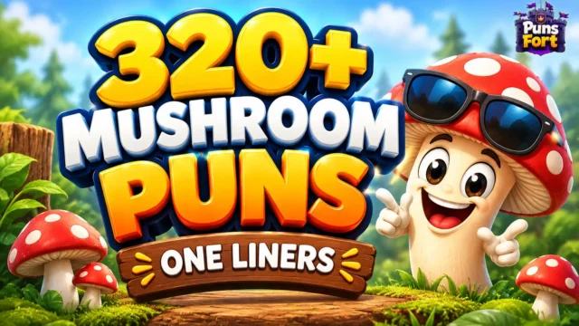 320+ mushroom puns one liners thumbnail with a smiling cartoon mushroom, bold 3D text, and a forest background