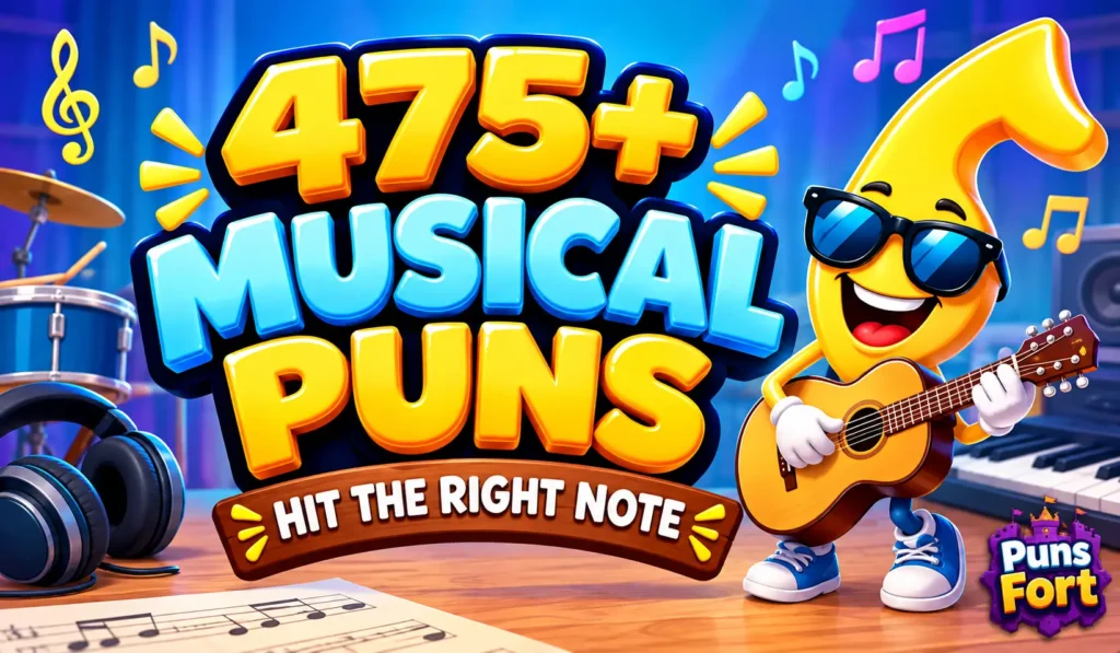475+ musical puns thumbnail featuring a cheerful cartoon musical note playing guitar