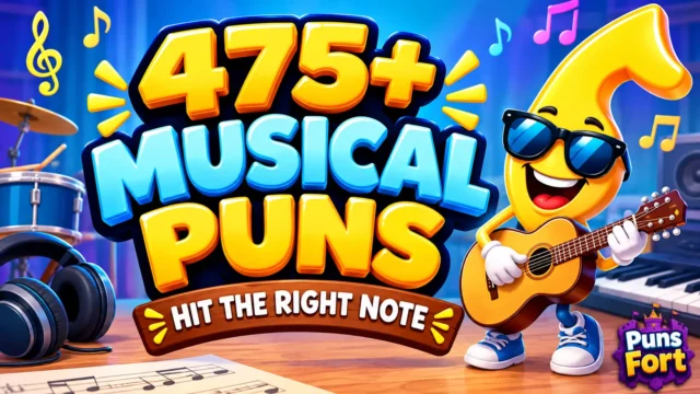 475+ musical puns thumbnail featuring a cheerful cartoon musical note playing guitar