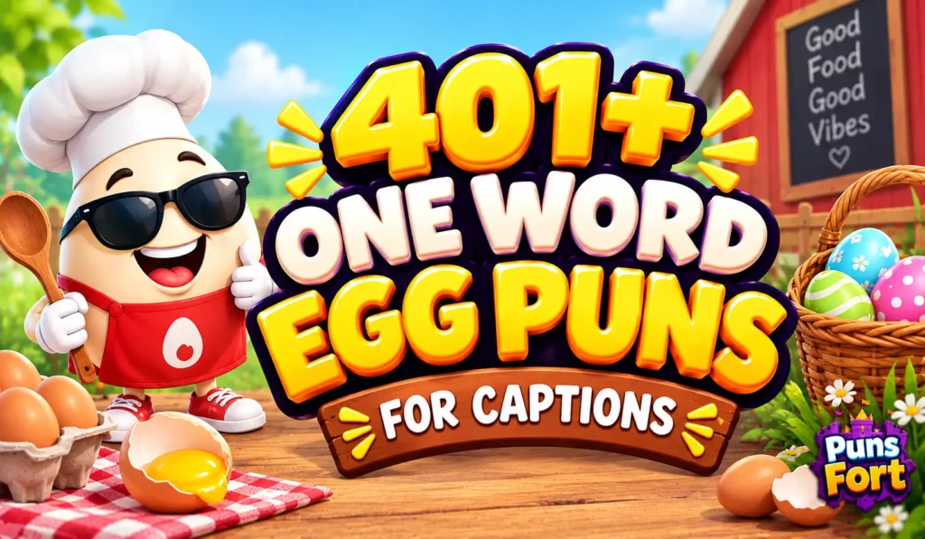 One word egg puns thumbnail featuring 401+ funny egg puns and a cheerful cartoon egg chef.