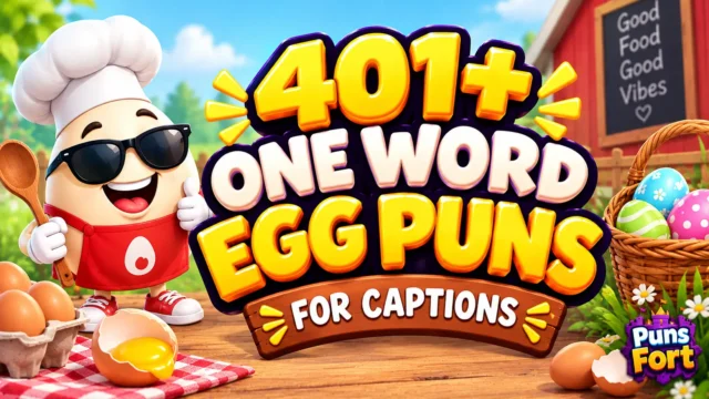 One word egg puns thumbnail featuring 401+ funny egg puns and a cheerful cartoon egg chef.