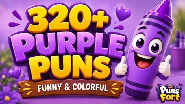 320+ purple puns thumbnail with a cheerful purple cartoon character and bold 3D text