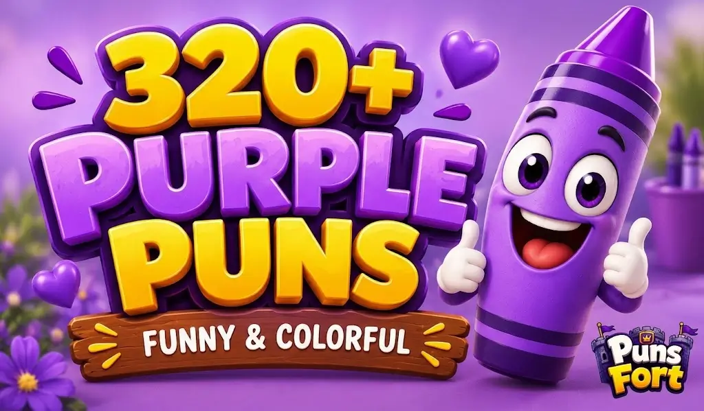 320+ purple puns thumbnail with a cheerful purple cartoon character and bold 3D text