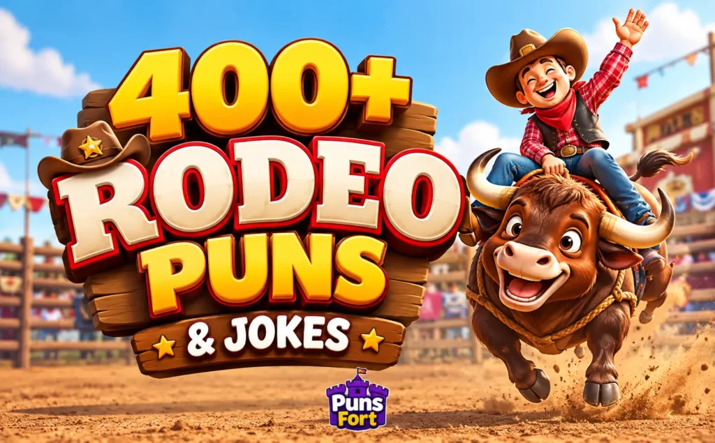 Rodeo puns thumbnail featuring 400+ funny rodeo jokes, a cartoon cowboy, and a bucking bull.