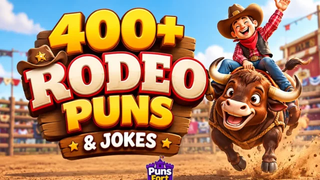Rodeo puns thumbnail featuring 400+ funny rodeo jokes, a cartoon cowboy, and a bucking bull.