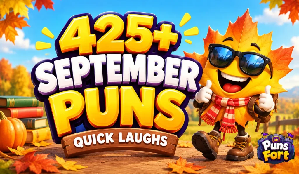 September puns thumbnail featuring 425+ September puns, a cheerful autumn leaf mascot, and Puns Fort branding.