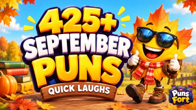 September puns thumbnail featuring 425+ September puns, a cheerful autumn leaf mascot, and Puns Fort branding.