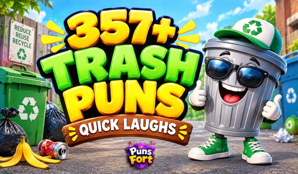 Trash puns thumbnail featuring 357+ funny trash puns, a smiling cartoon trash can, and Puns Fort watermark.