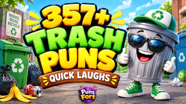 Trash puns thumbnail featuring 357+ funny trash puns, a smiling cartoon trash can, and Puns Fort watermark.