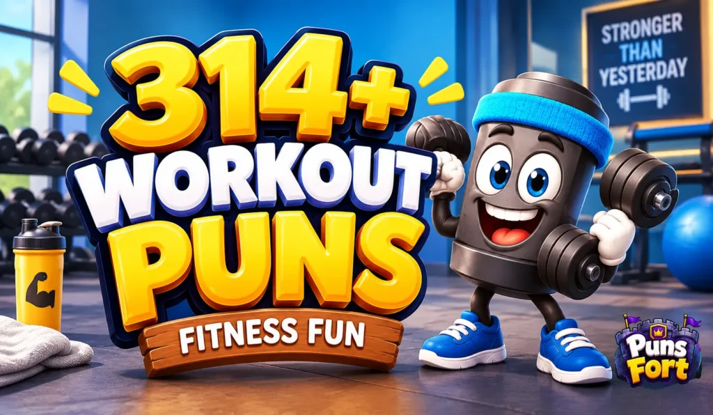 Workout puns thumbnail featuring bold 3D text and a smiling dumbbell mascot in a gym