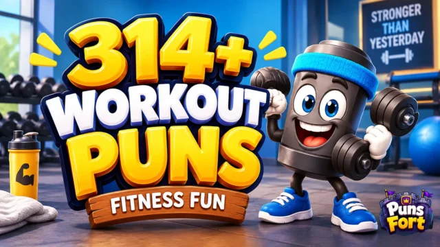 Workout puns thumbnail featuring bold 3D text and a smiling dumbbell mascot in a gym